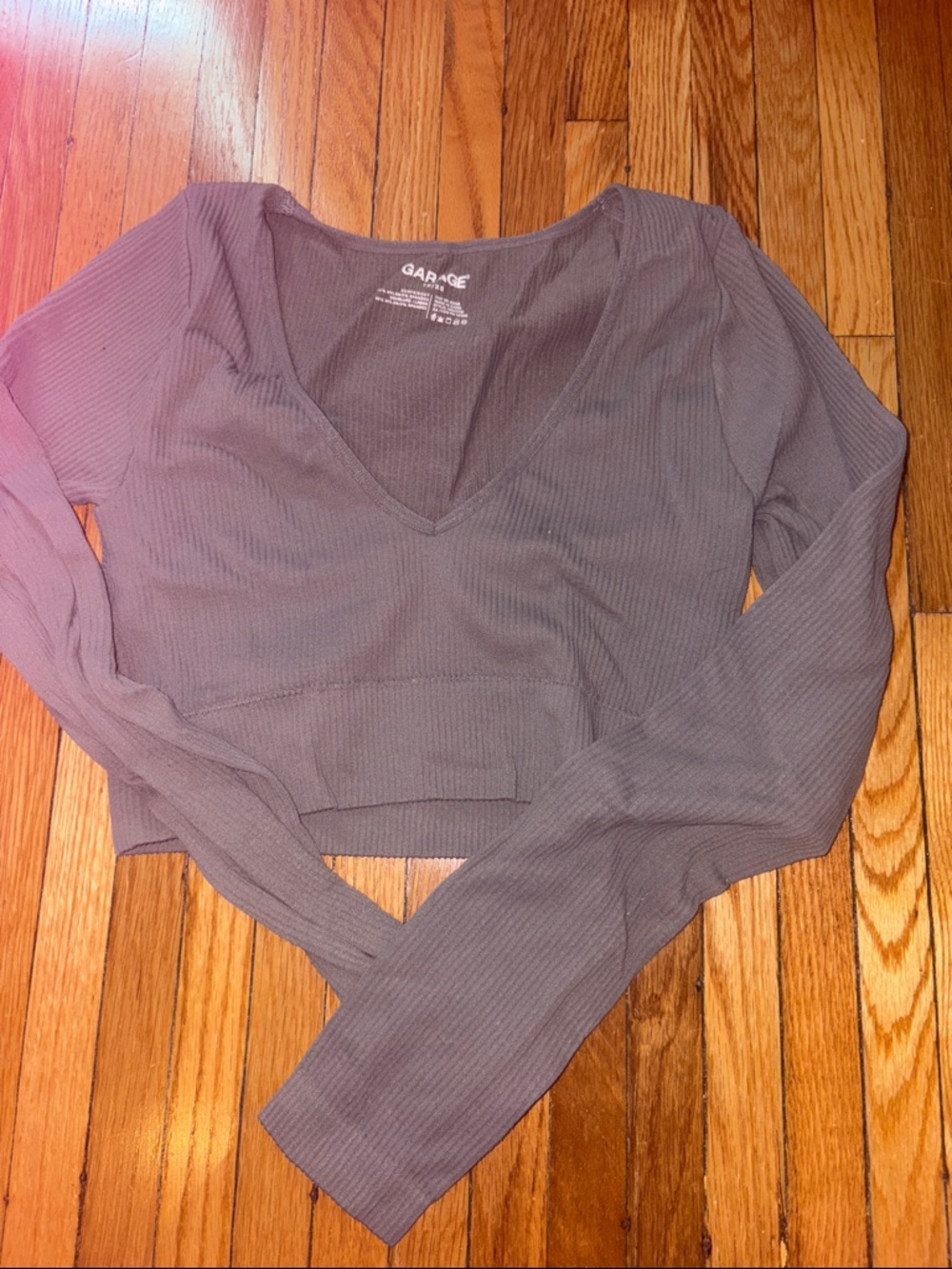 Garage Mauve Ribbed Long Sleeve V-Neck Cropped Top